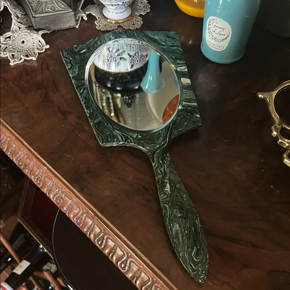 Vintage Art Deco Green Marbleized Lucite Hand Mirror
